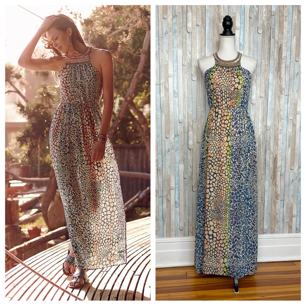 Anthropologie 0 Colorful Giraffe Print Beaded Embellished Mayacamas Maxi‎ Dress